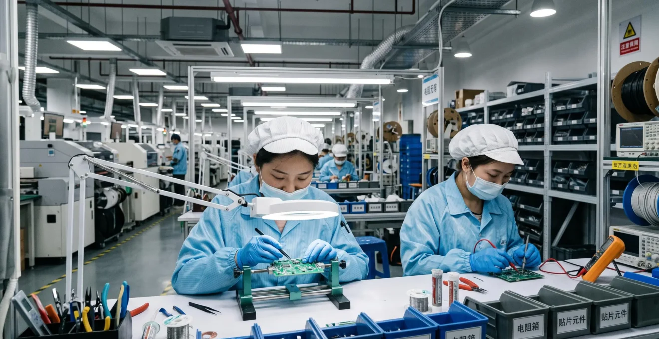 Workers in protective garments performing quality inspection and assembly of consumer electronics at organized workstations in a modern Chinese manufacturing facility, with hands using precision tools to examine circuit boards and components